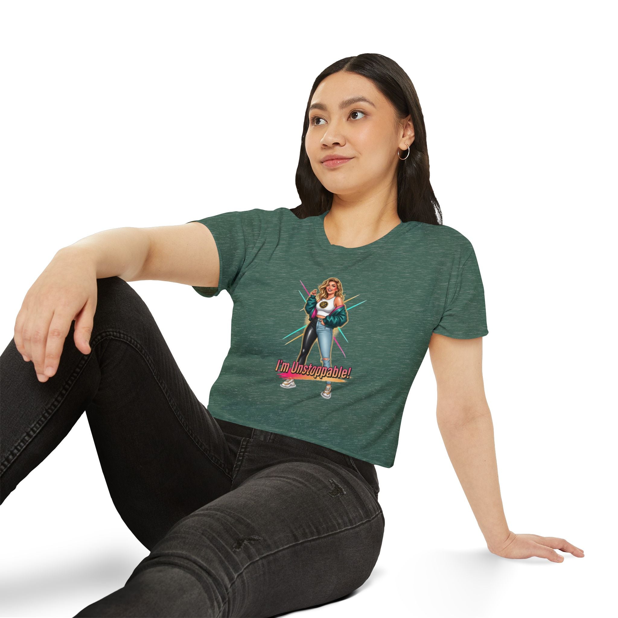 Women’s Festival Crop Top — “I’m Unstoppable!” Retro 80s Empowerment Tee