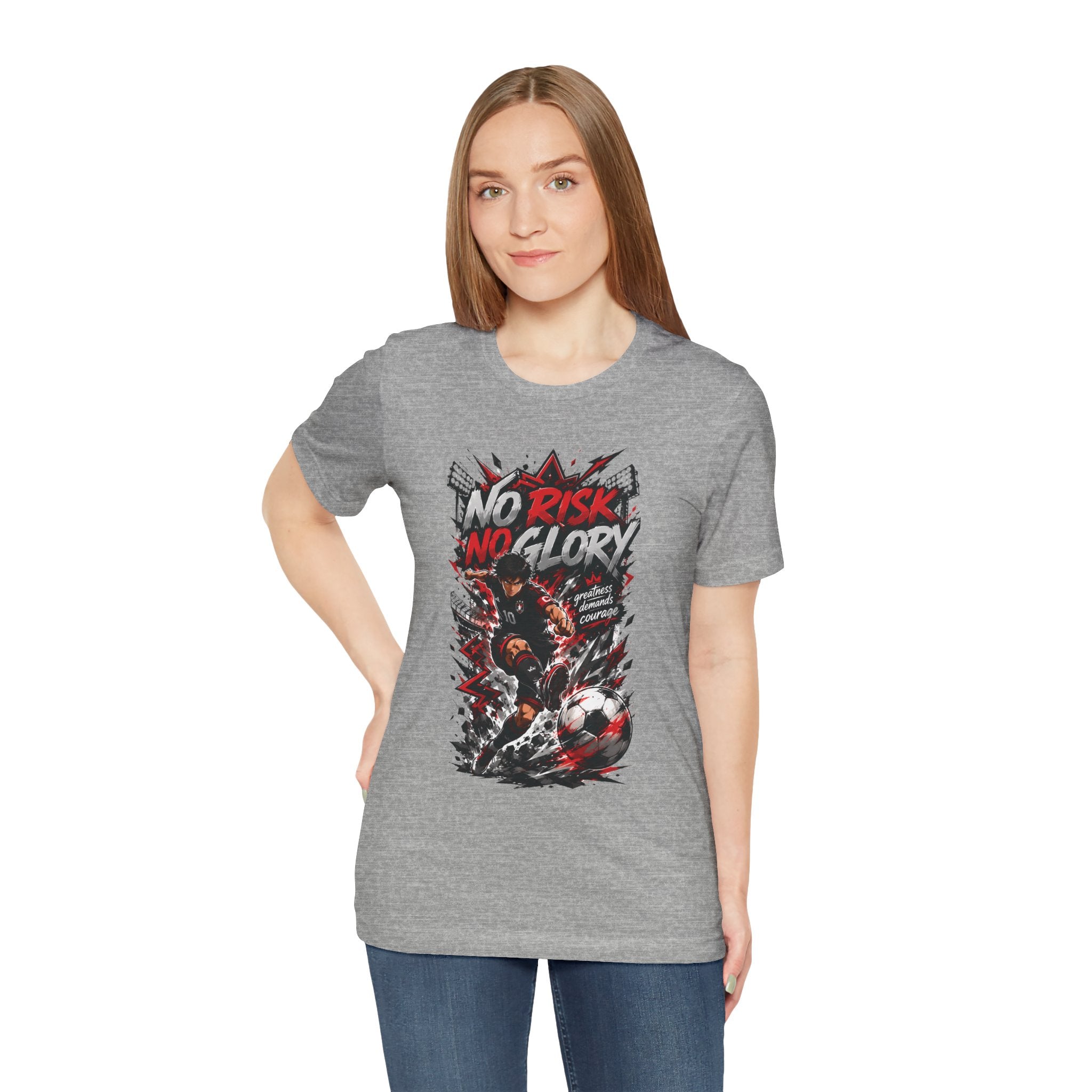 No Risk No Glory Soccer T-Shirt — Dynamic Football Player Graphic Tee