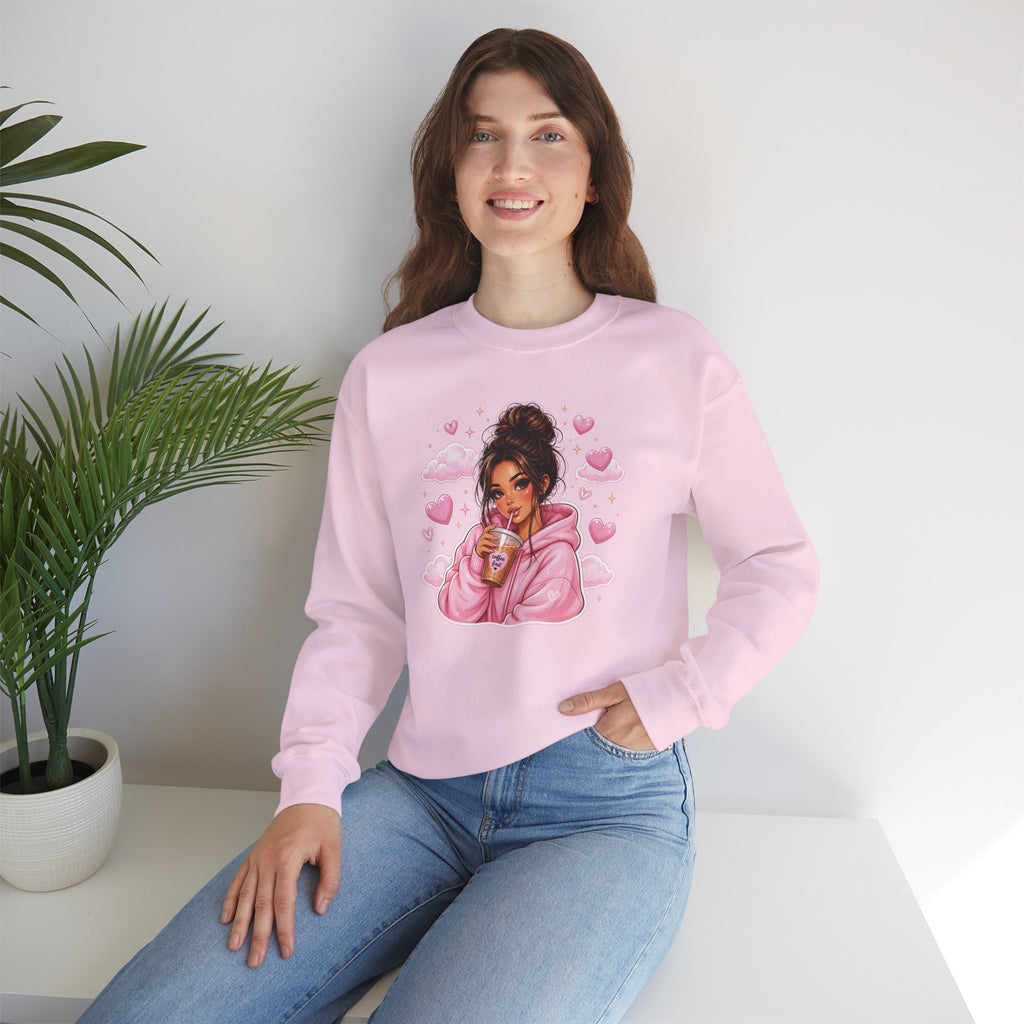 Cozy Pink Heart Girl Crewneck Sweatshirt