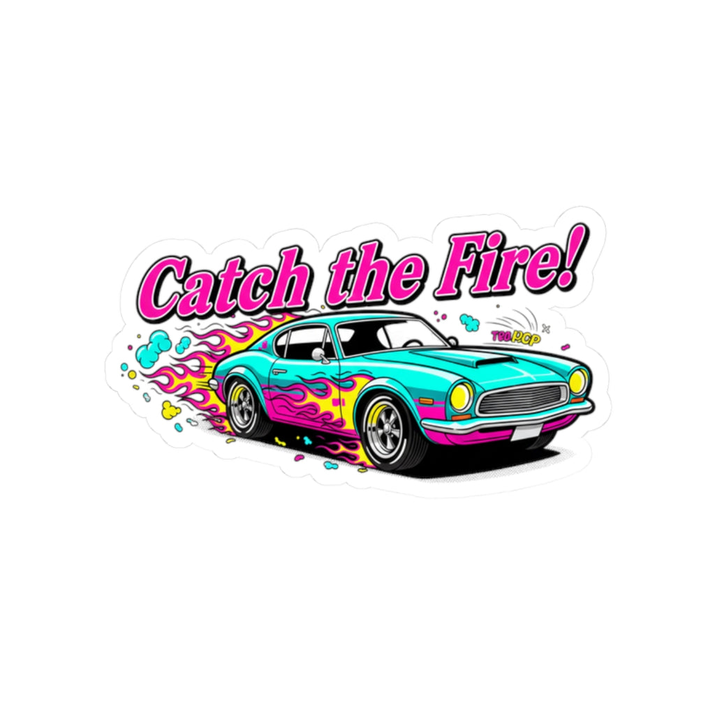 Catch the Fire Retro Car Sticker | Cartoon Racing Flames, Vintage Dragster