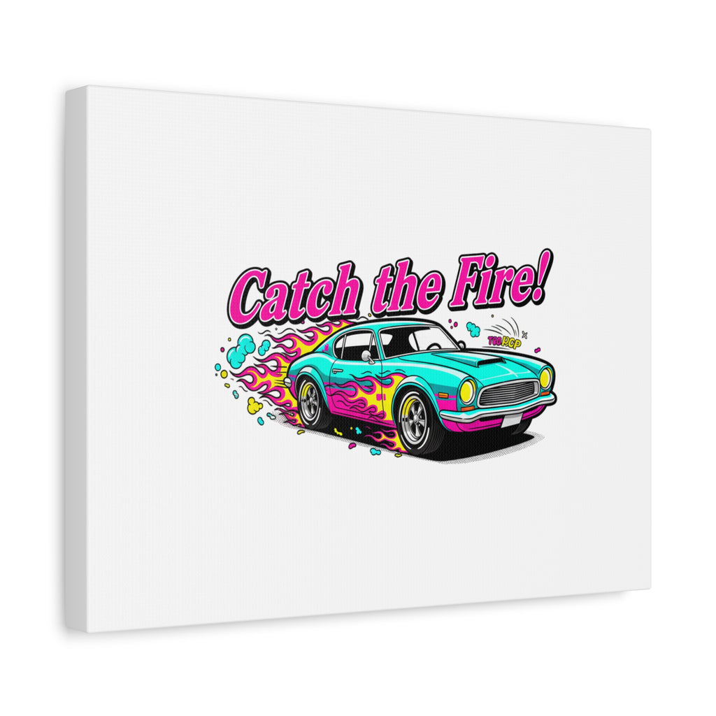 Catch the Fire Retro Car Canvas | Cartoon Racing Flame, Vintage Car Illustration