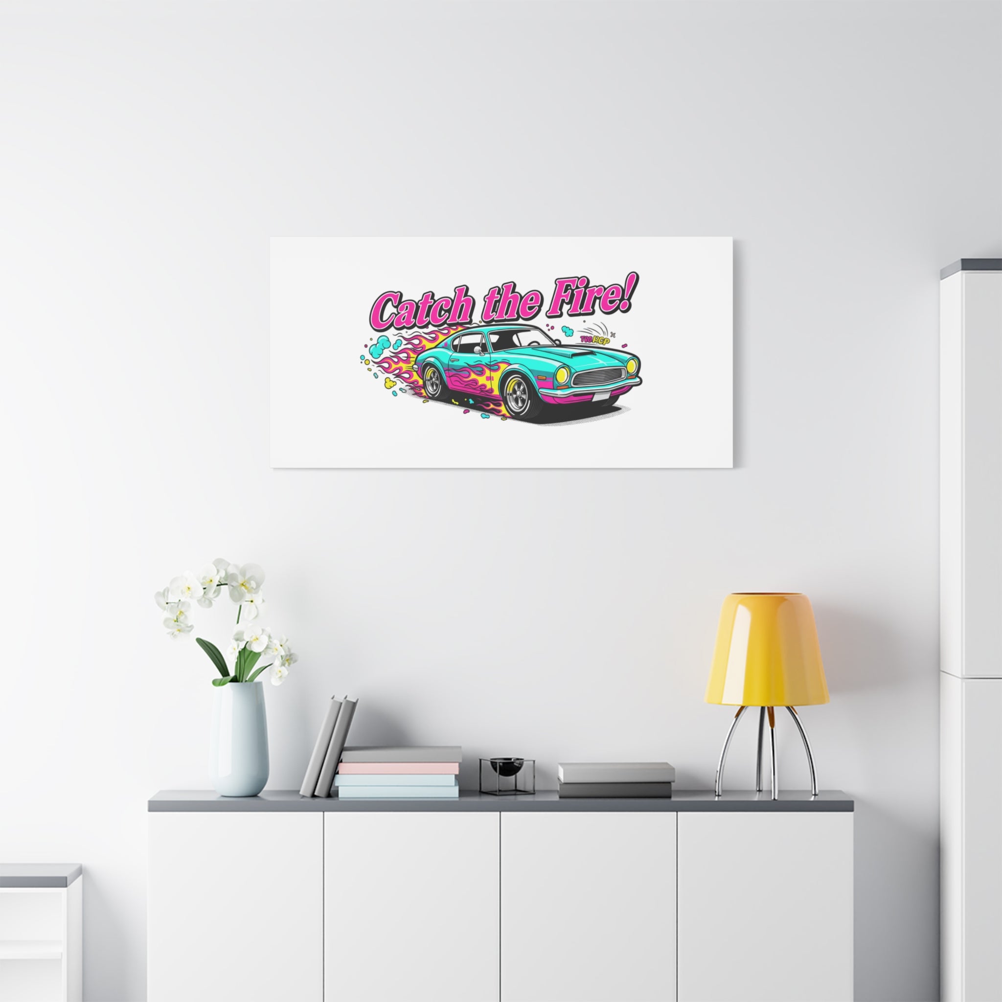Catch the Fire Retro Car Canvas | Cartoon Racing Flame, Vintage Car Illustration