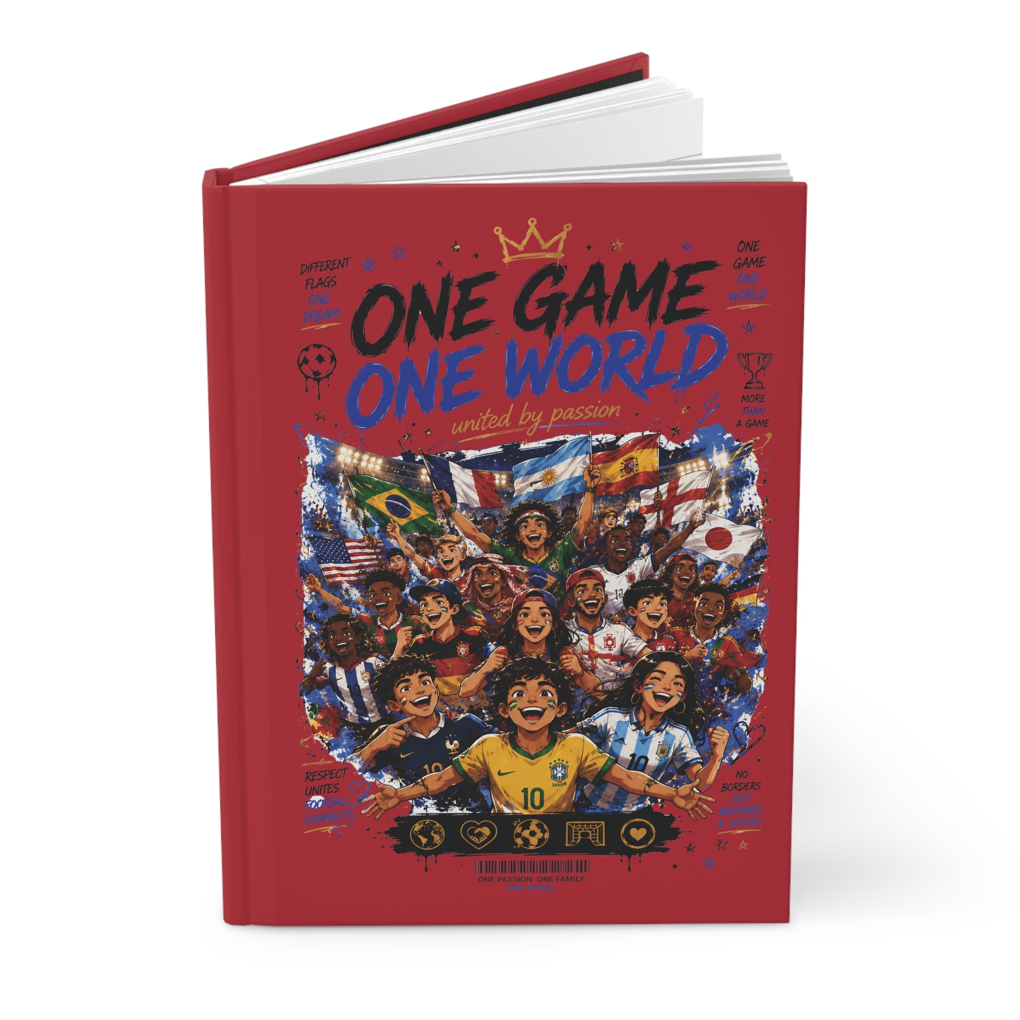 Hardcover Journal — "One Game One World" Soccer Team Notebook (Personalizable Back with Name & Number)