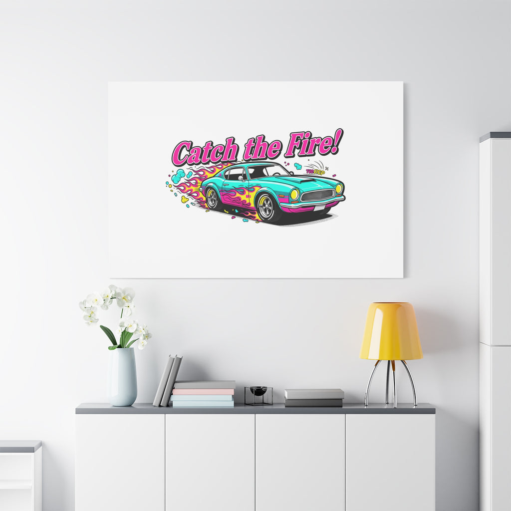 Catch the Fire Retro Car Canvas | Cartoon Racing Flame, Vintage Car Illustration