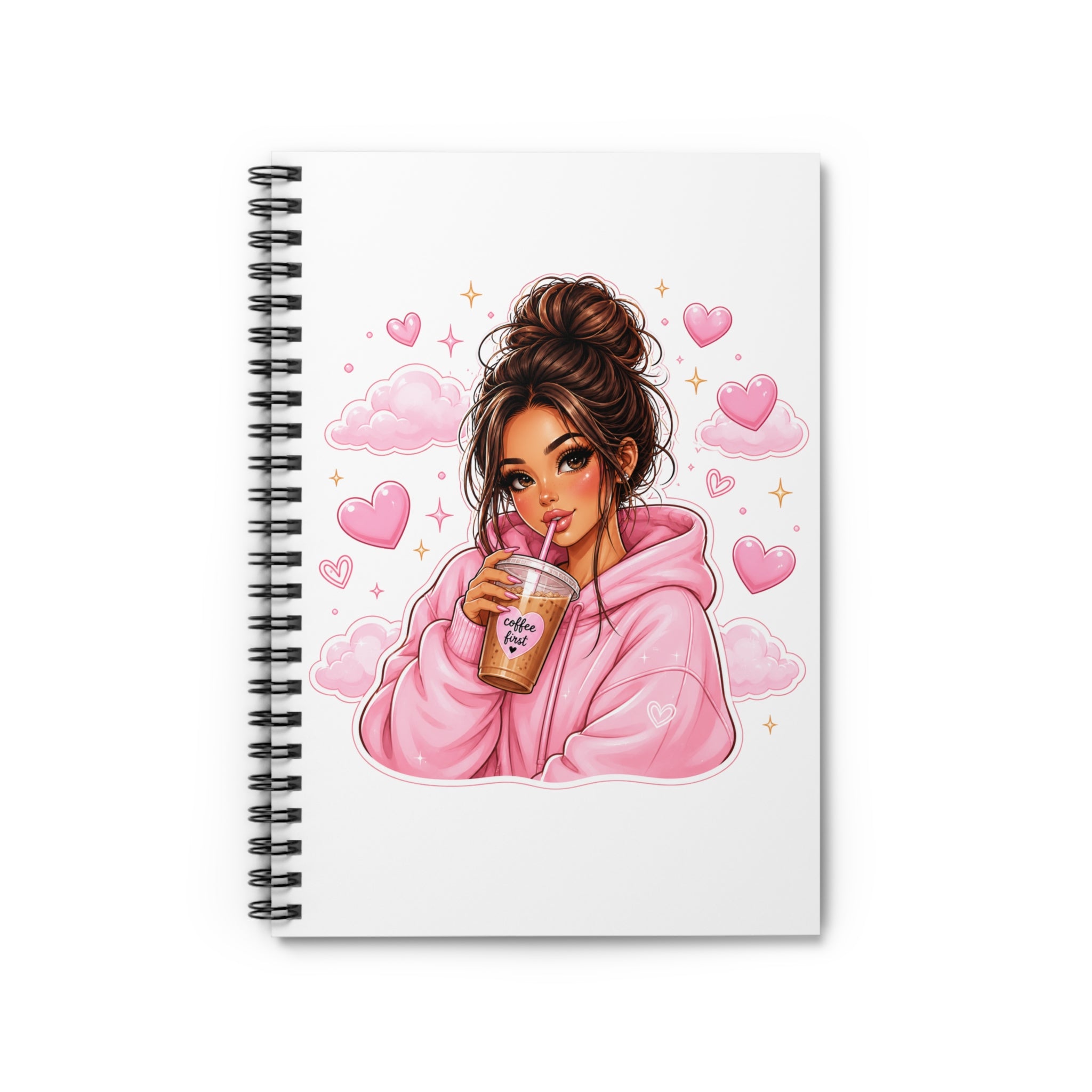 Cute Girl Pink Hoodie Notebook — Spiral Ruled Journal with Coffee & Hearts Design