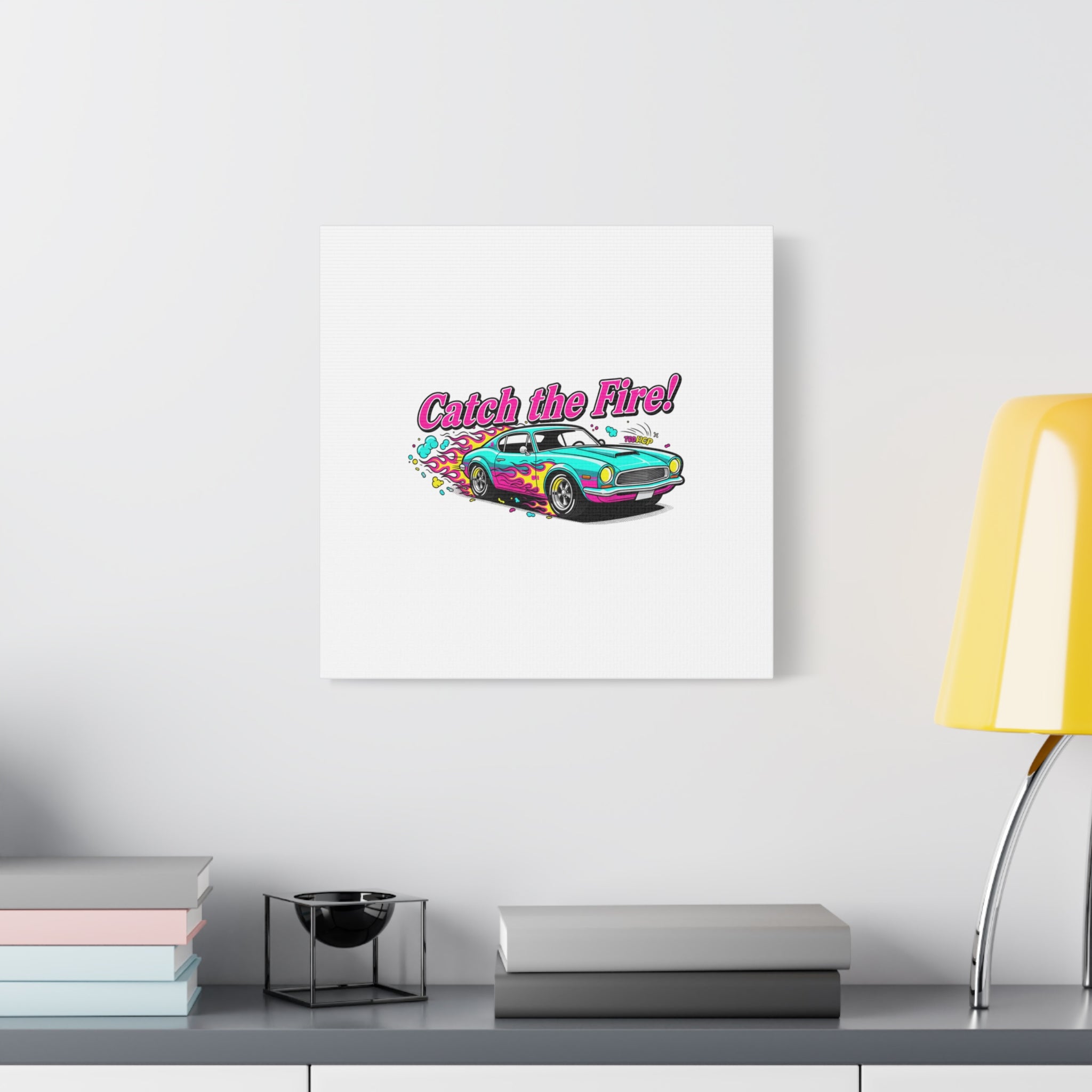 Catch the Fire Retro Car Canvas | Cartoon Racing Flame, Vintage Car Illustration