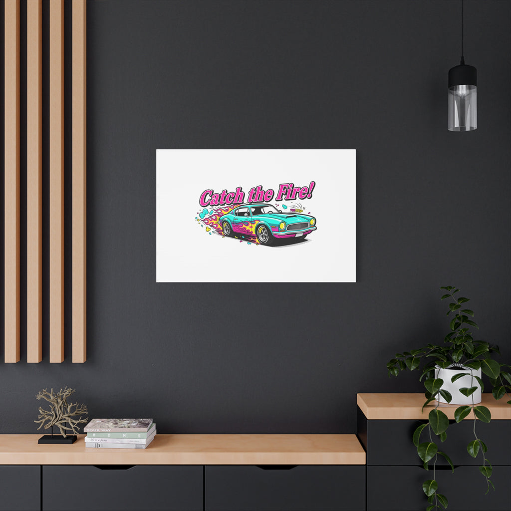 Catch the Fire Retro Car Canvas | Cartoon Racing Flame, Vintage Car Illustration