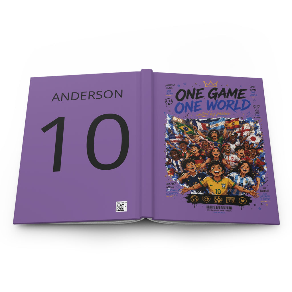 One Game One World Hardcover Journal — Soccer Fan Notebook with Customizable Name & Number