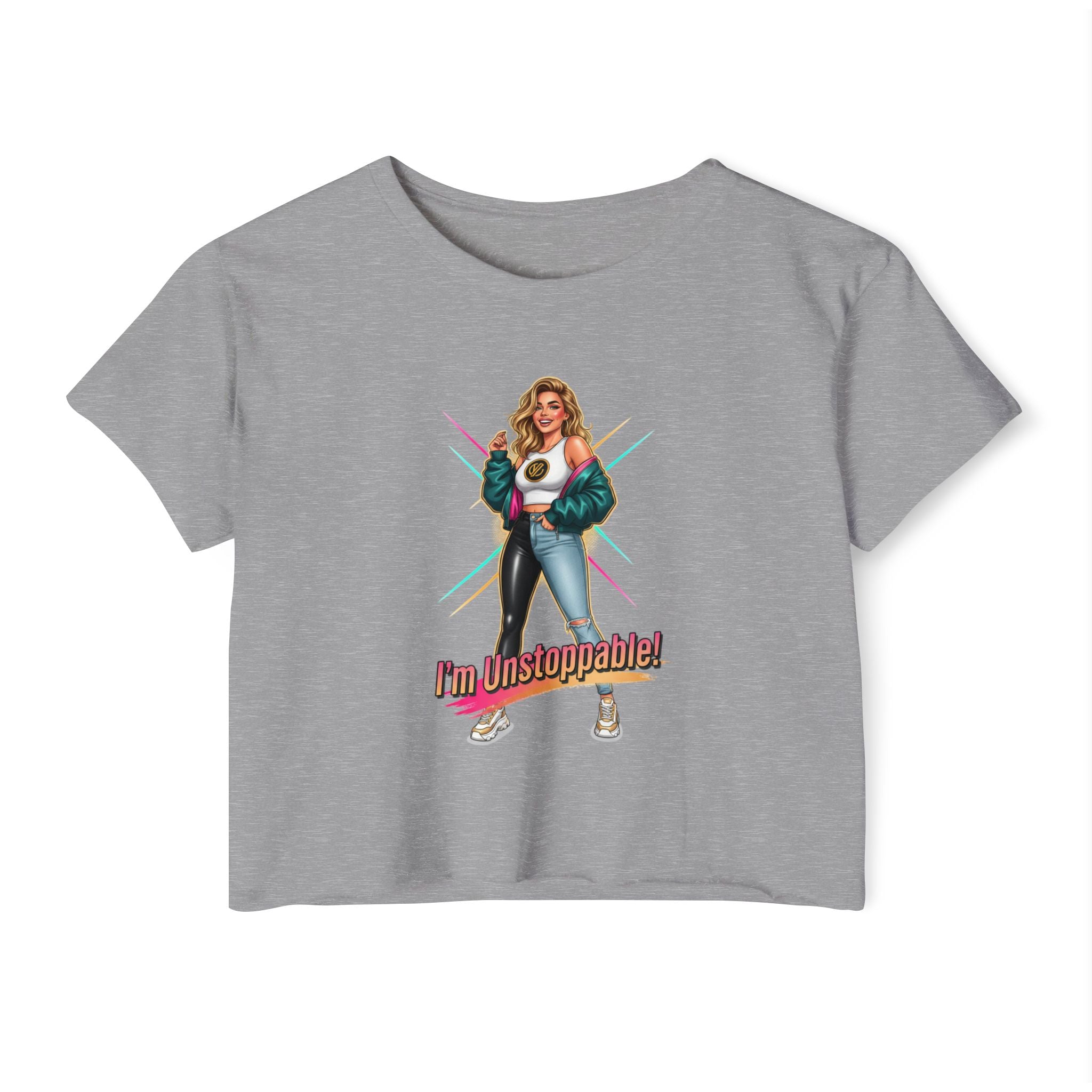 Women’s Festival Crop Top — “I’m Unstoppable!” Retro 80s Empowerment Tee