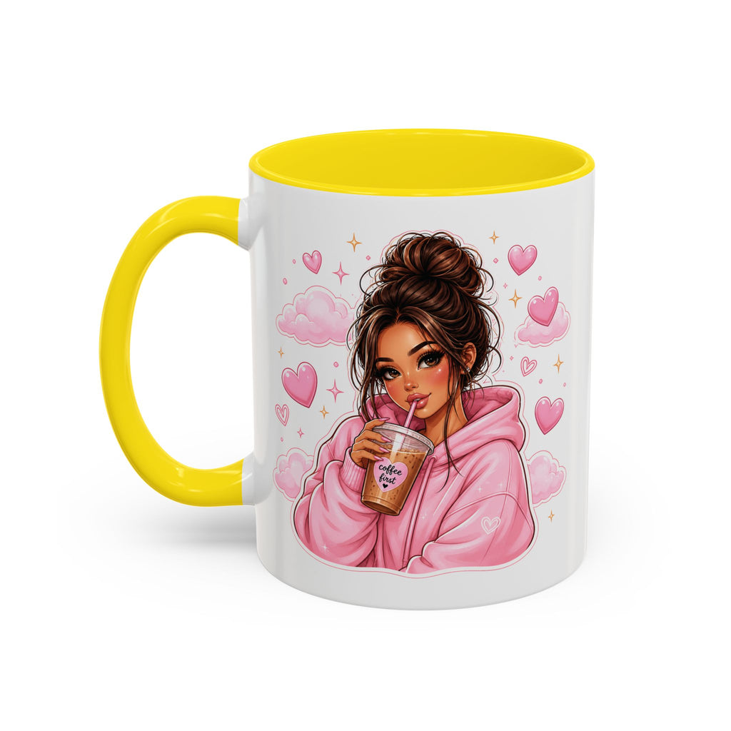 Cute Girl Pink Hoodie Coffee Mug — Iced Coffee Aesthetic Accent Mug (11/15oz)