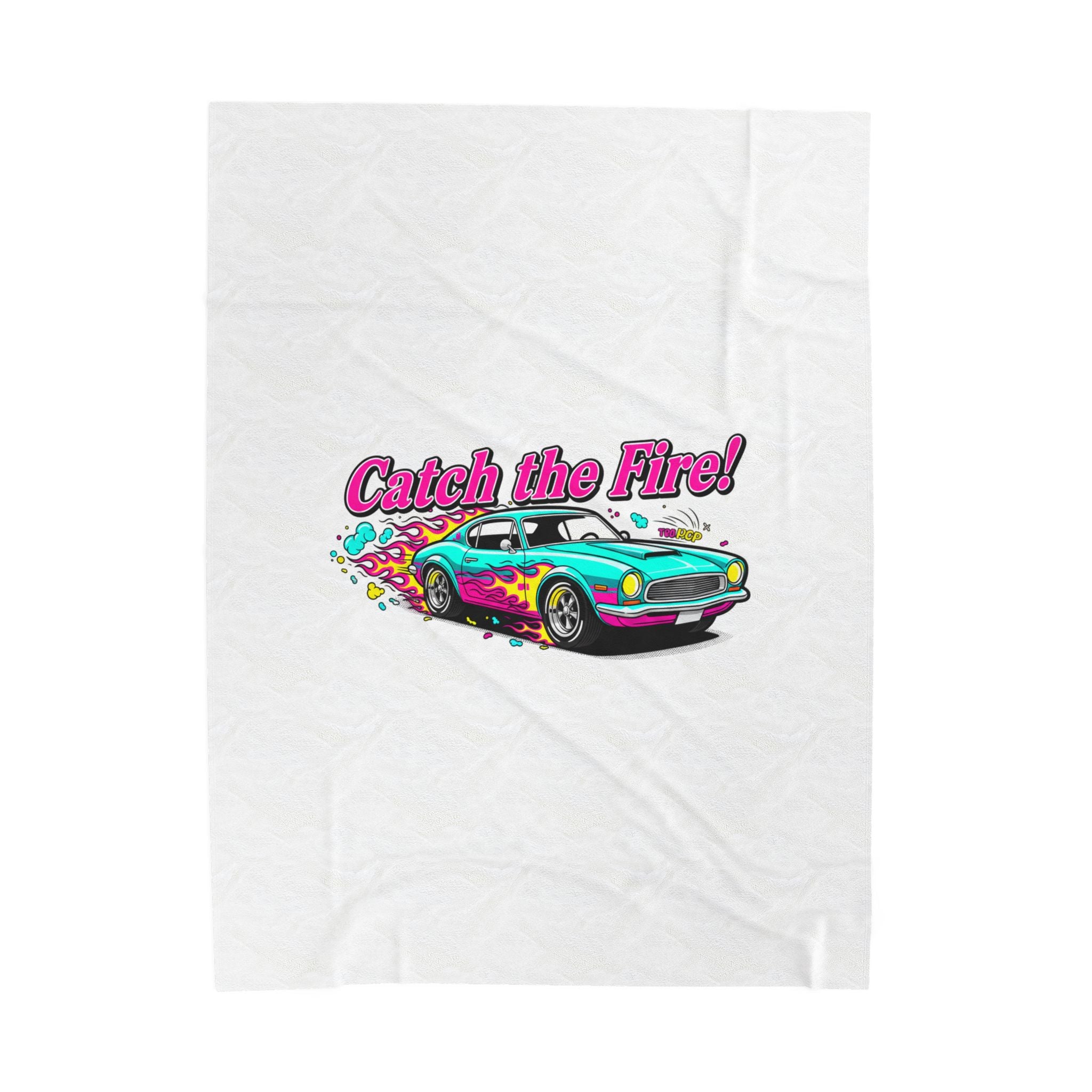 Catch the Fire Retro Cartoon Car Velveteen Plush Blanket | racing flame, vintage car illustration