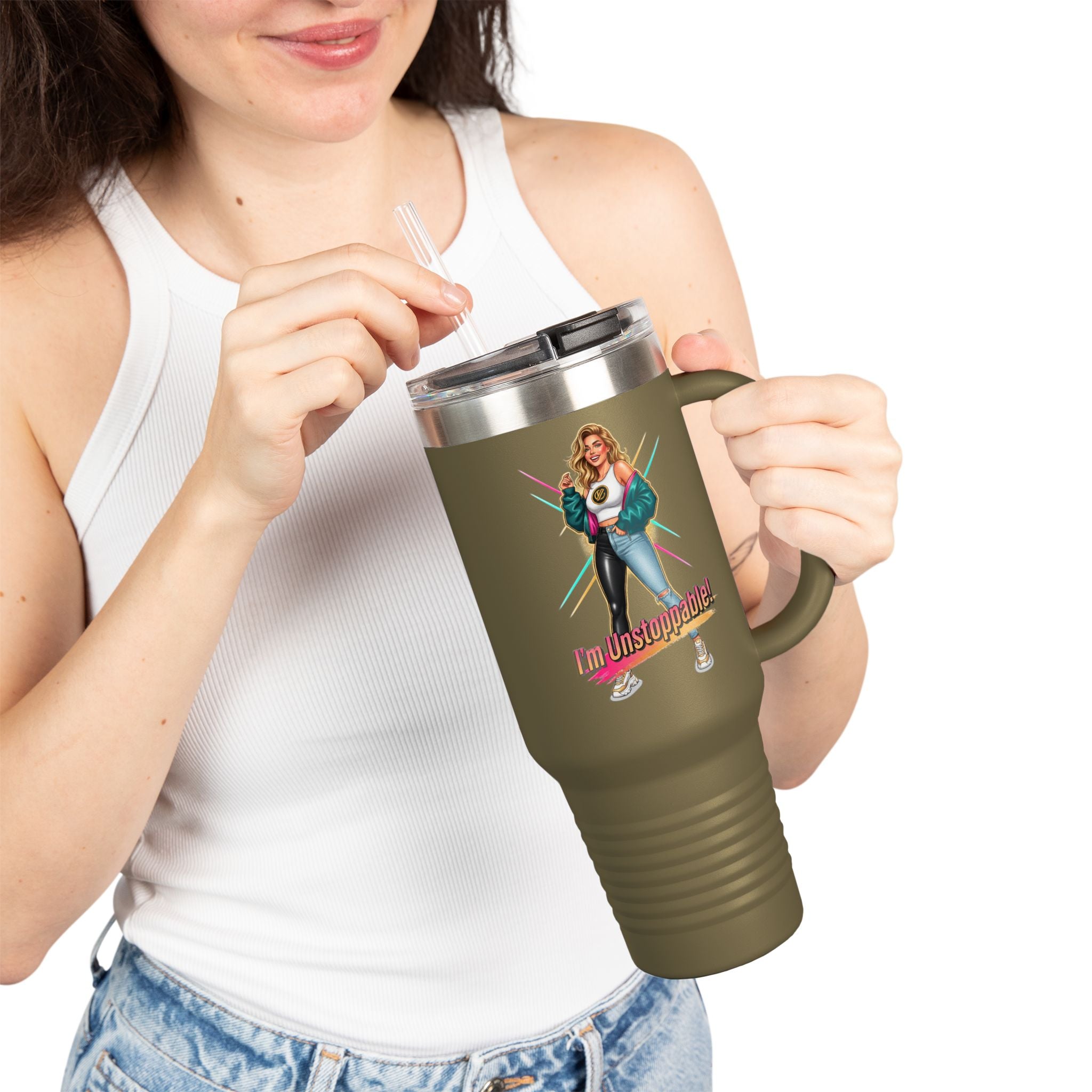 40oz Insulated Travel Mug — “I’m Unstoppable” Retro Fitness Graphic