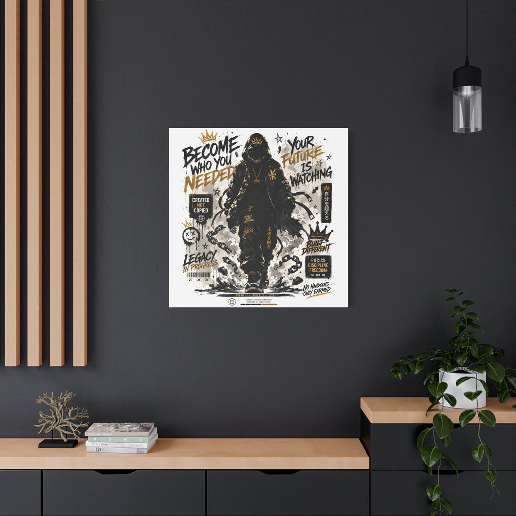 Motivational Street Art Canvas — "Become Who You Needed" Stretched Matte Print