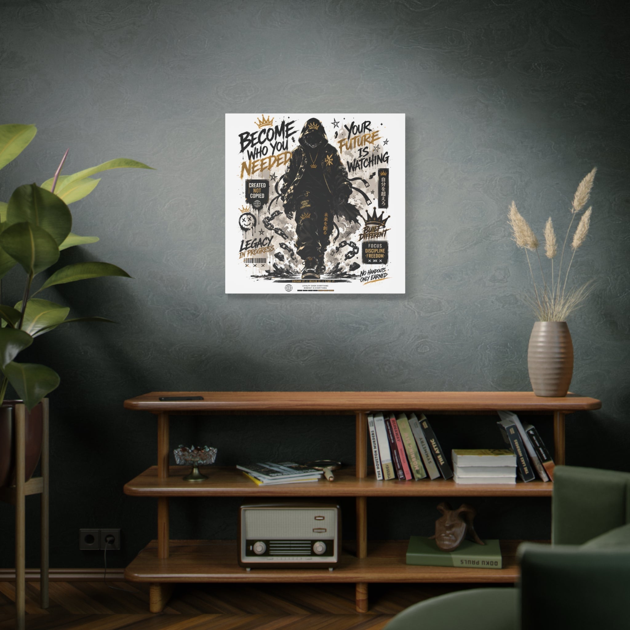 Motivational Street Art Canvas — "Become Who You Needed" Stretched Matte Print