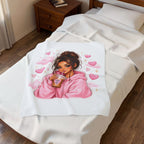 Velveteen Plush Blanket — Cozy Pink Hoodie Girl with Coffee Illustration