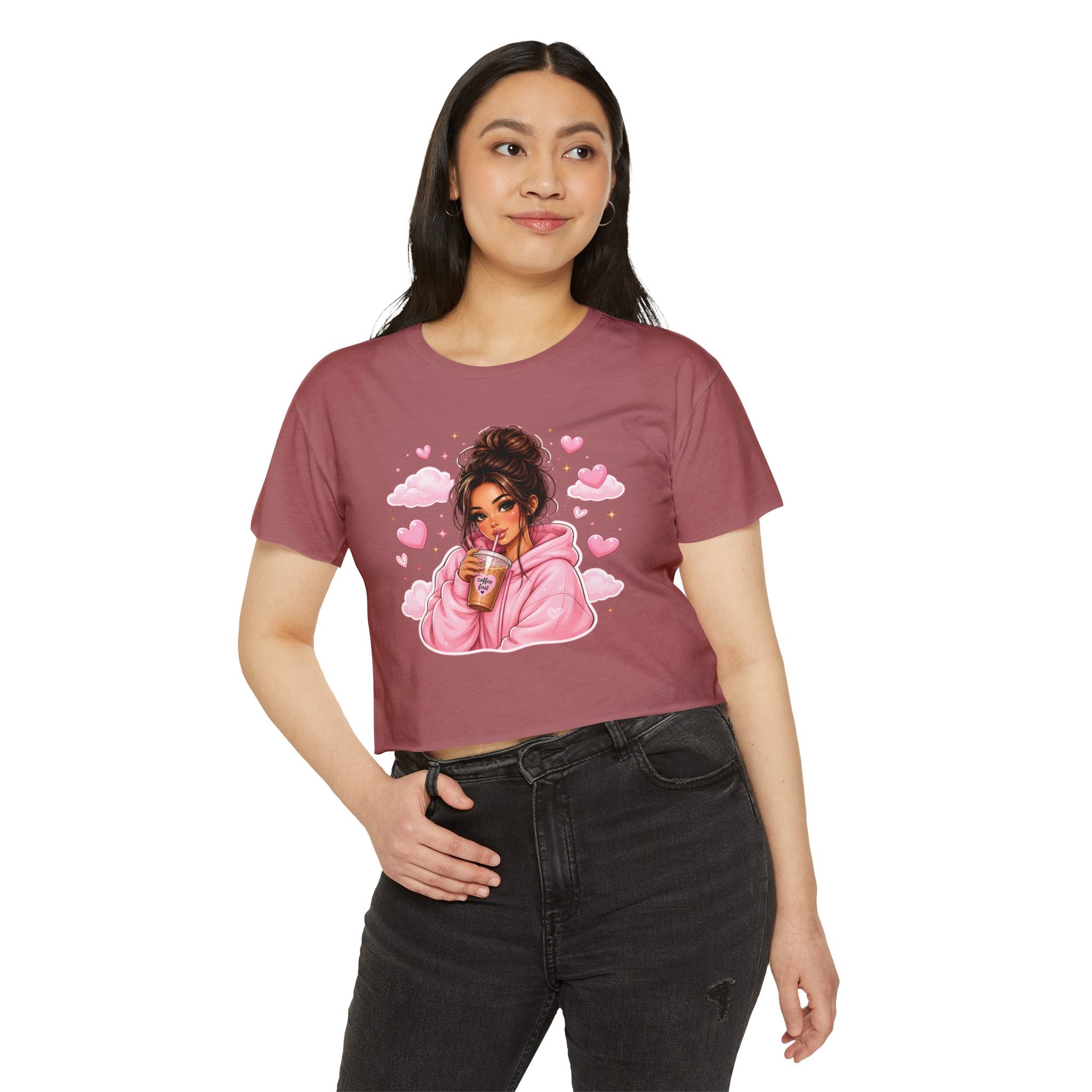 Women's Crop Top — Cute Pink Hoodie Girl Drinking Boba Illustration