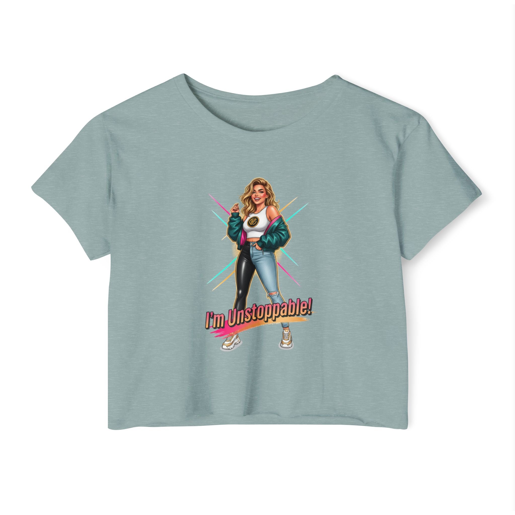 Women’s Festival Crop Top — “I’m Unstoppable!” Retro 80s Empowerment Tee