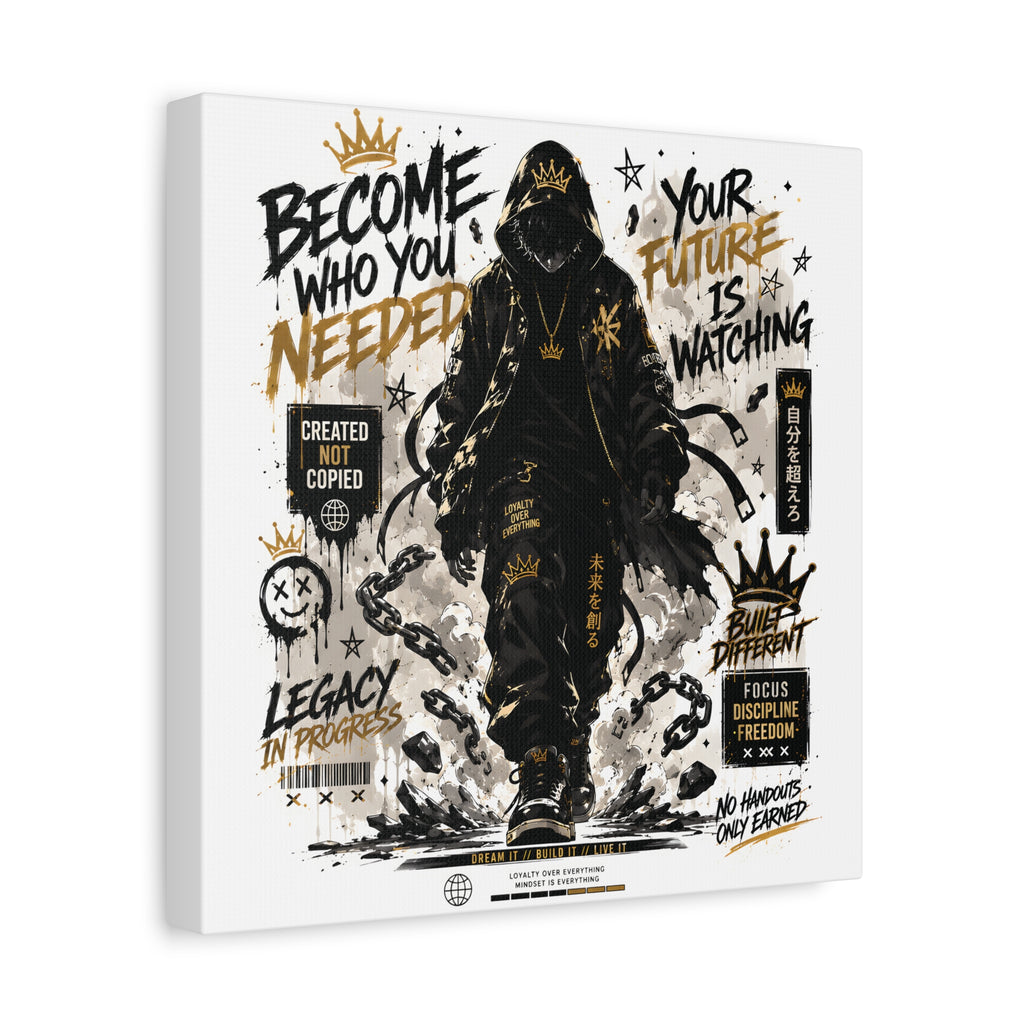 Motivational Street Art Canvas — "Become Who You Needed" Stretched Matte Print