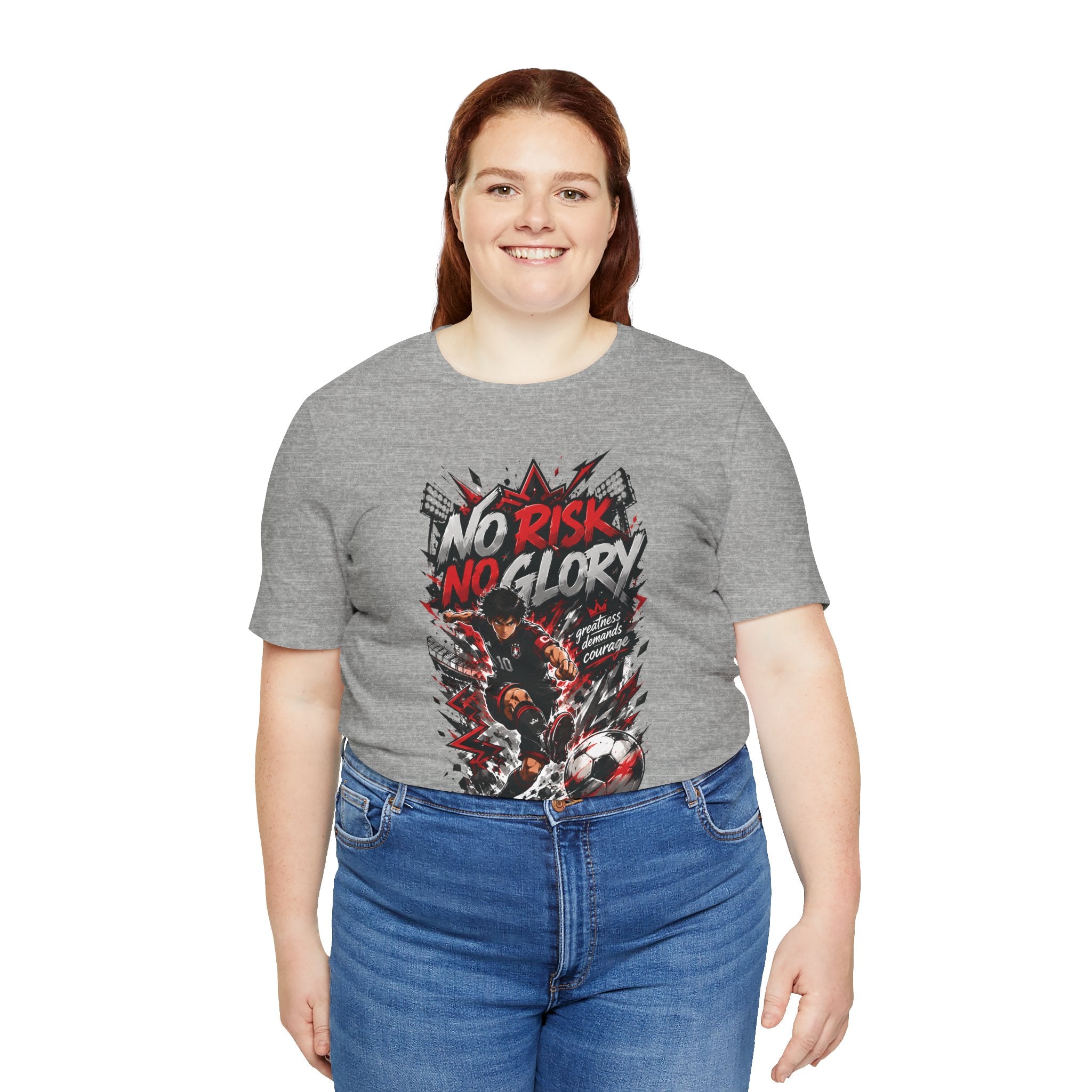 No Risk No Glory Soccer T-Shirt — Dynamic Football Player Graphic Tee
