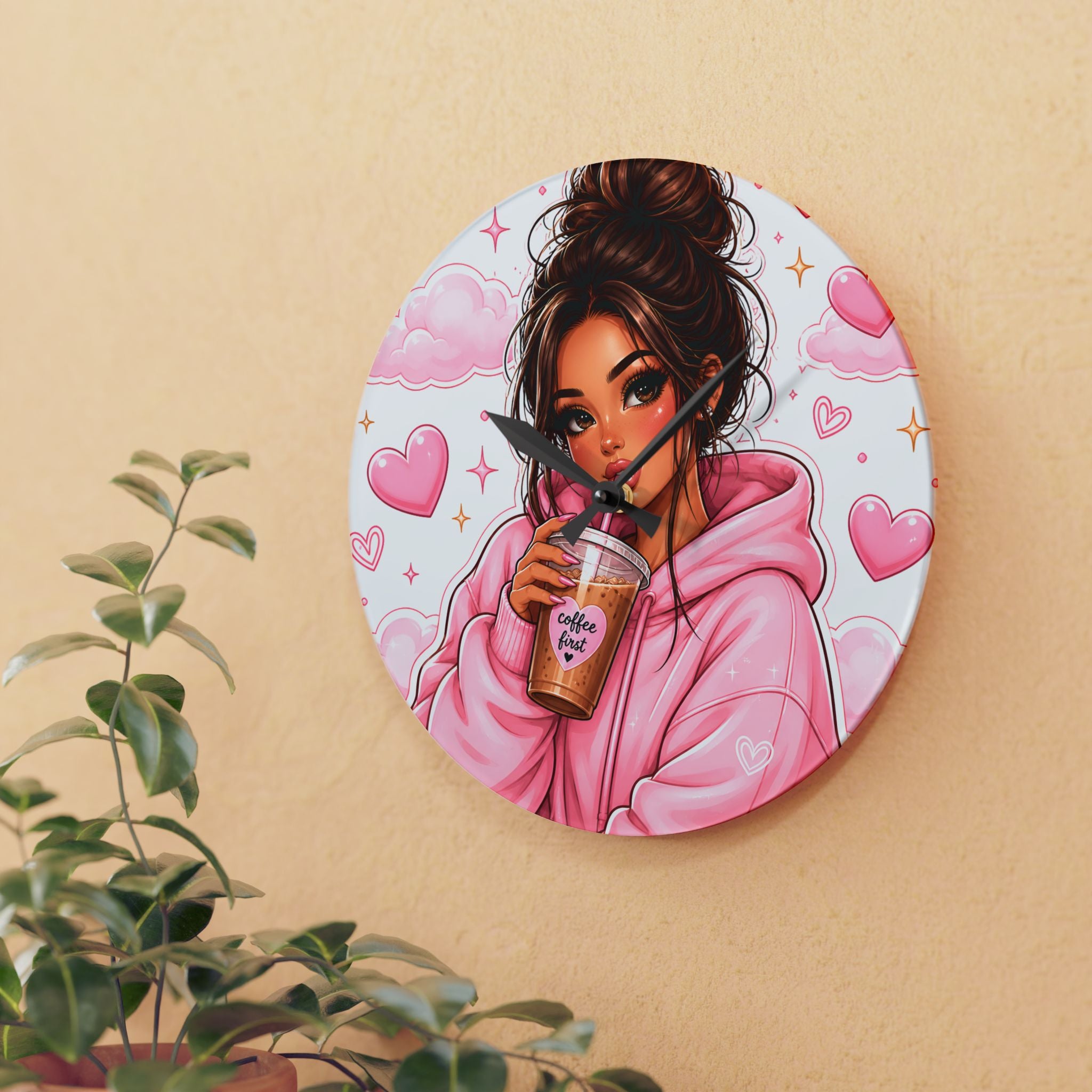 Cozy Pink Hoodie Girl Acrylic Wall Clock