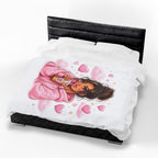 Velveteen Plush Blanket — Cozy Pink Hoodie Girl with Coffee Illustration