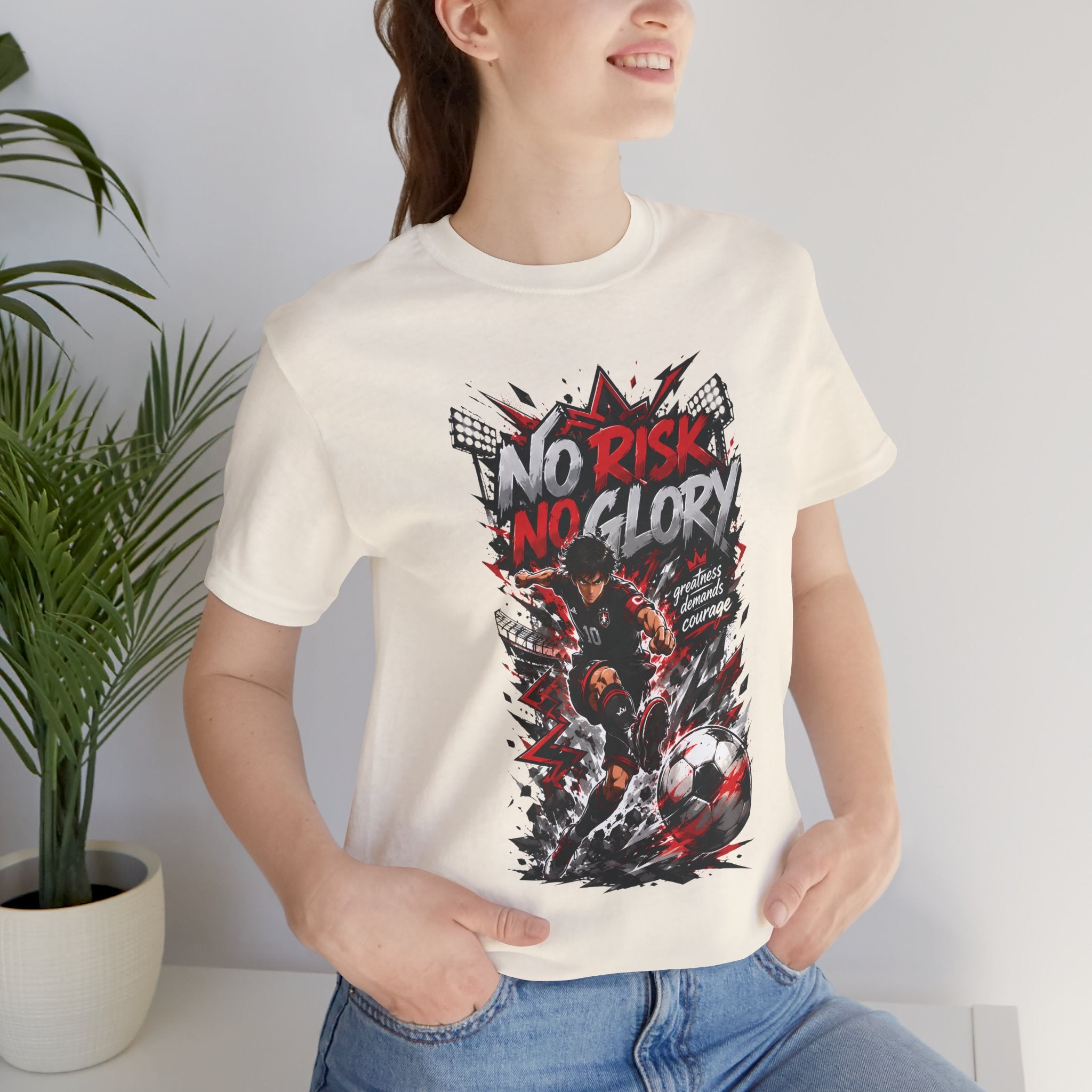 No Risk No Glory Soccer T-Shirt — Dynamic Football Player Graphic Tee