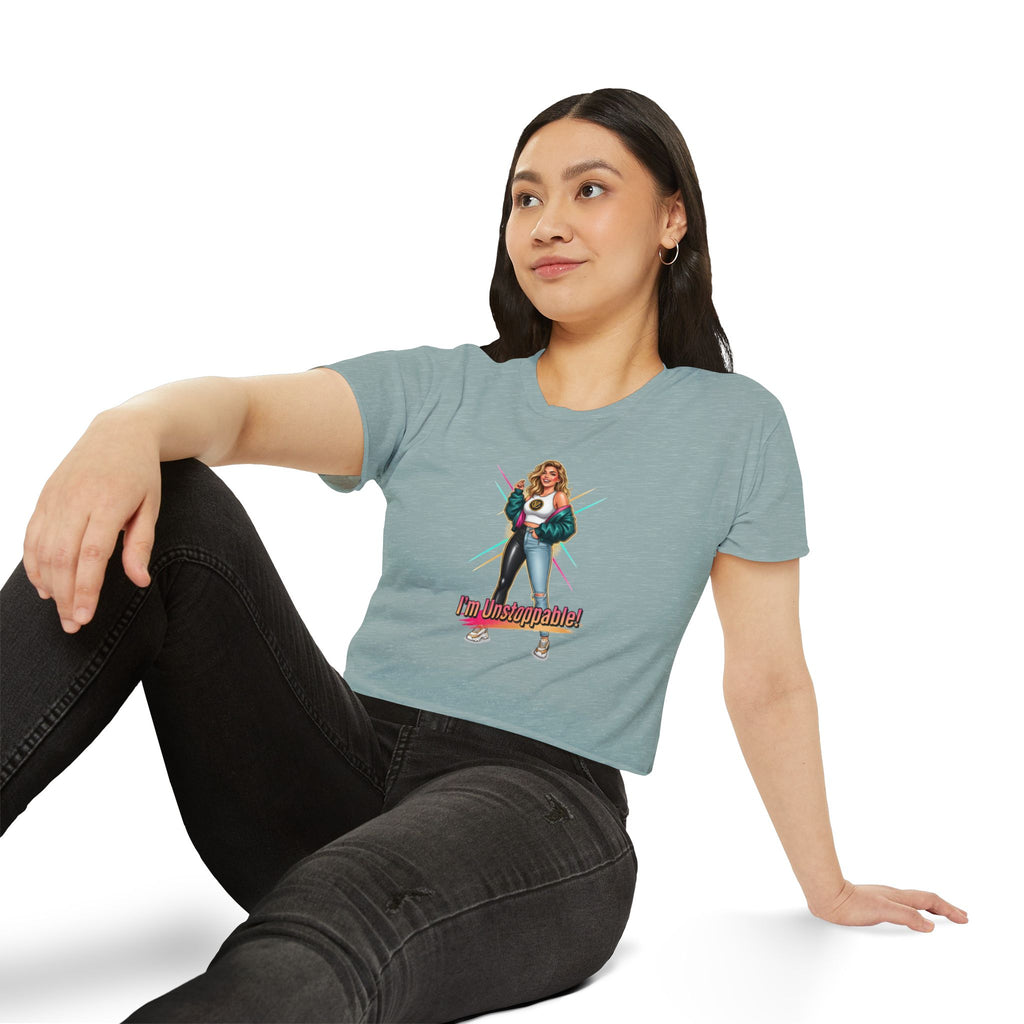 Women’s Festival Crop Top — “I’m Unstoppable!” Retro 80s Empowerment Tee