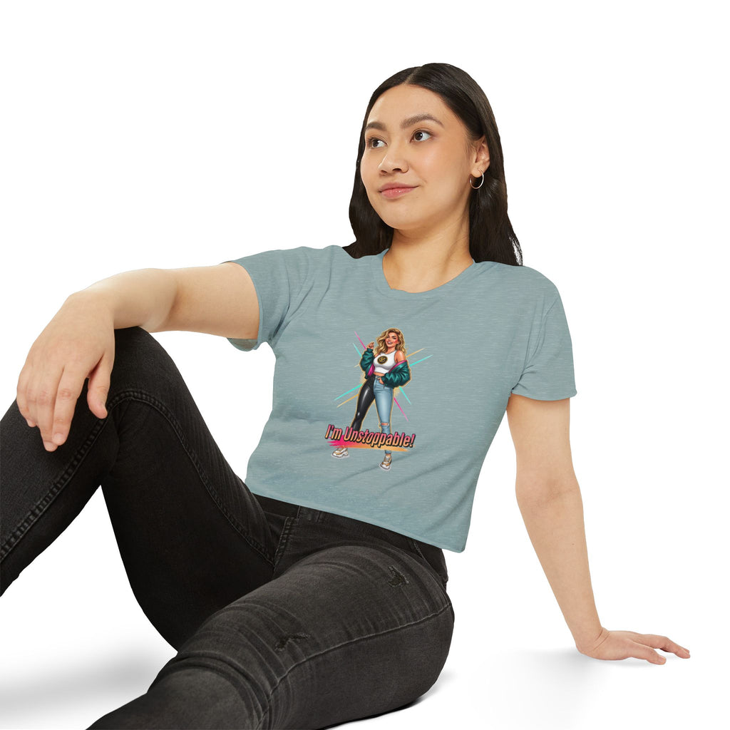 Women’s Festival Crop Top — “I’m Unstoppable!” Retro 80s Empowerment Tee