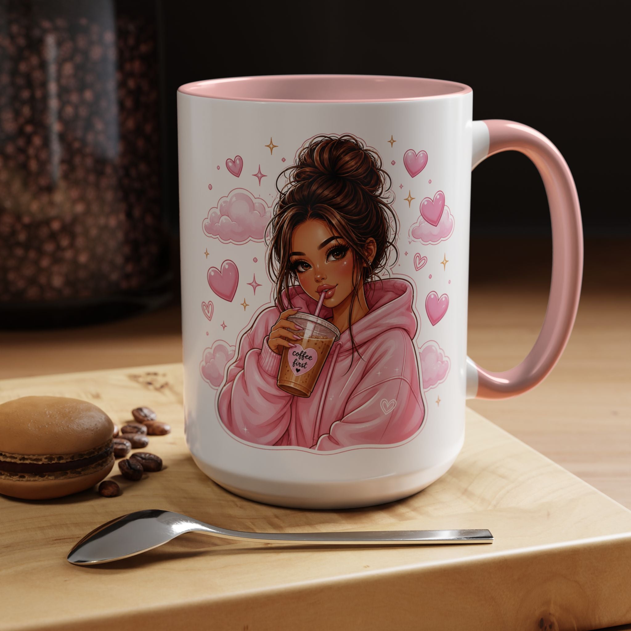 Cute Girl Pink Hoodie Coffee Mug — Iced Coffee Aesthetic Accent Mug (11/15oz)