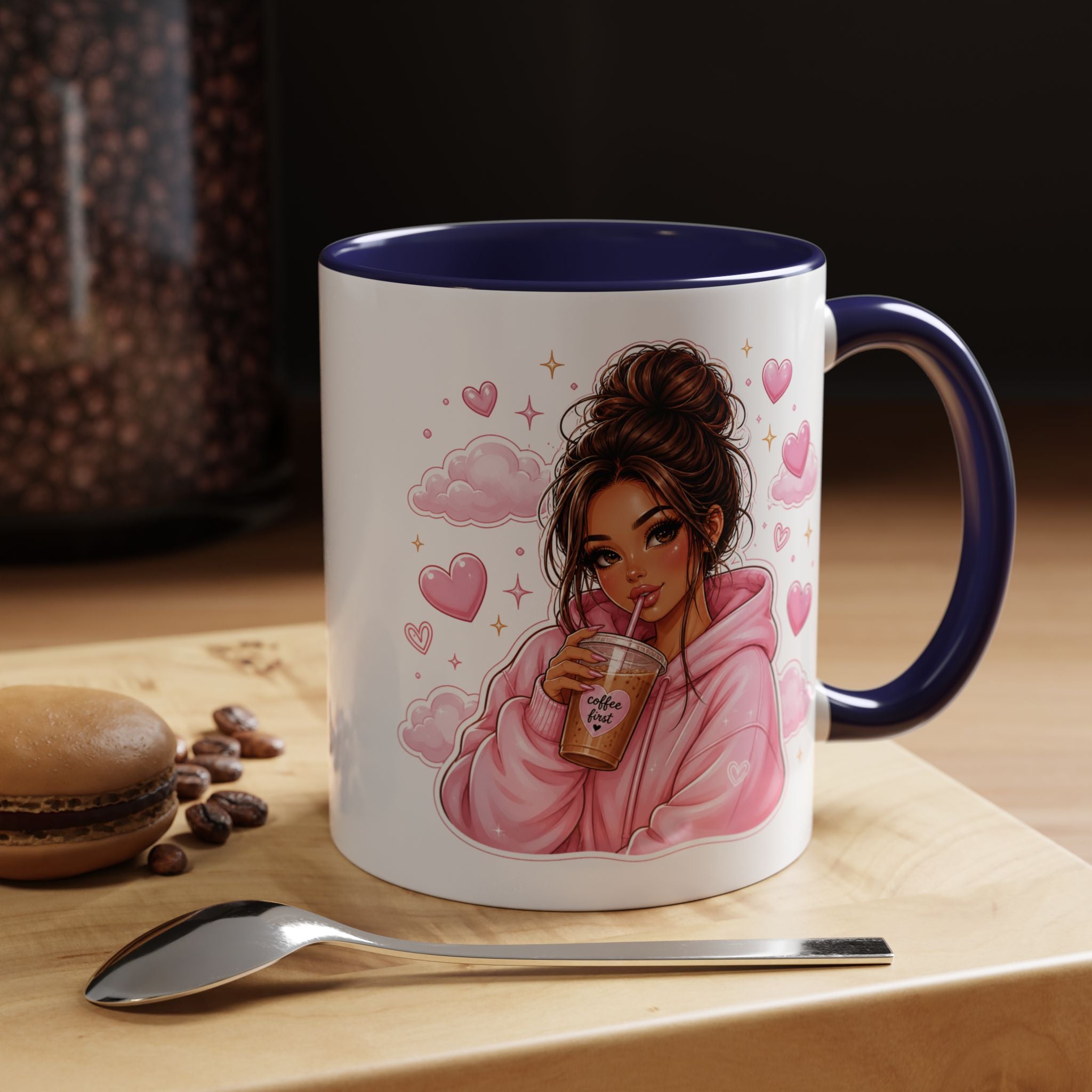 Cute Girl Pink Hoodie Coffee Mug — Iced Coffee Aesthetic Accent Mug (11/15oz)