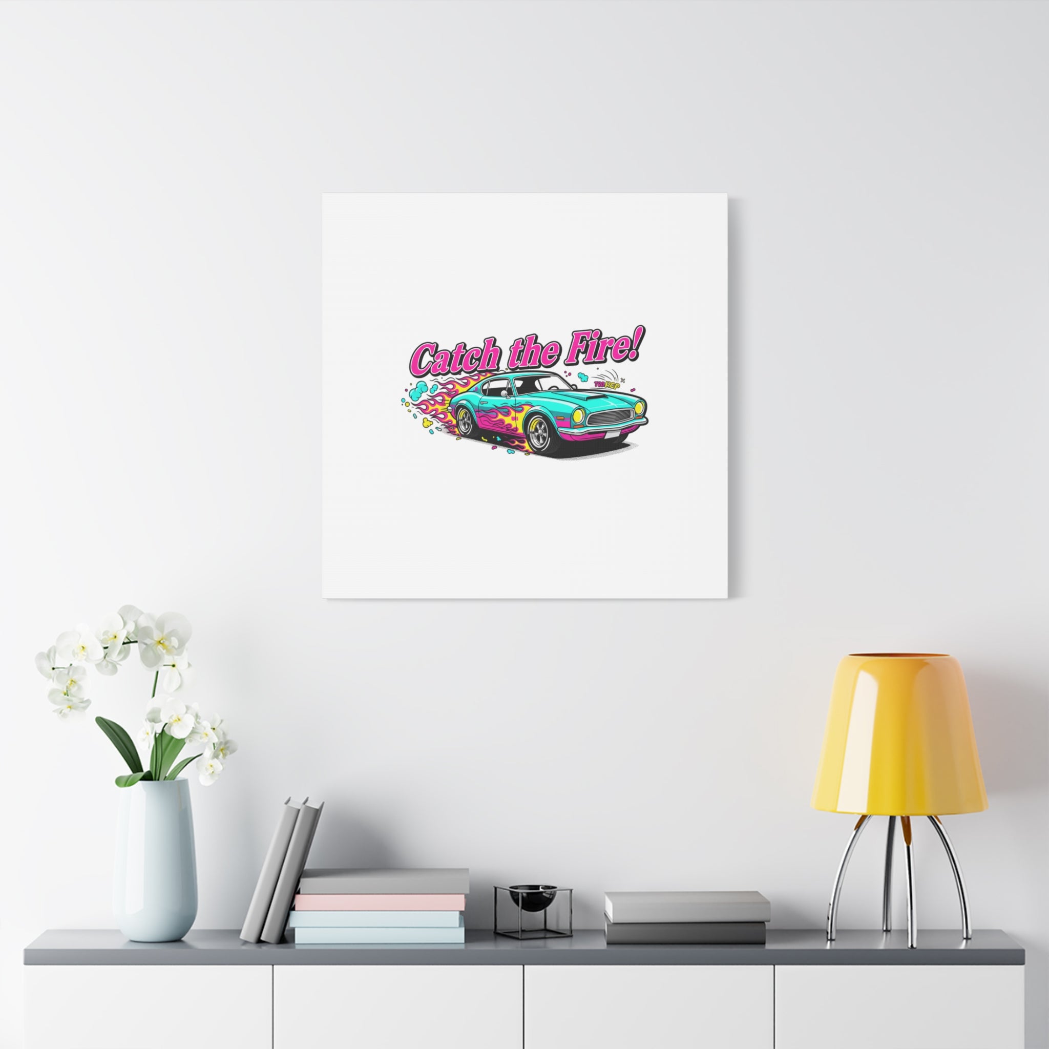Catch the Fire Retro Car Canvas | Cartoon Racing Flame, Vintage Car Illustration