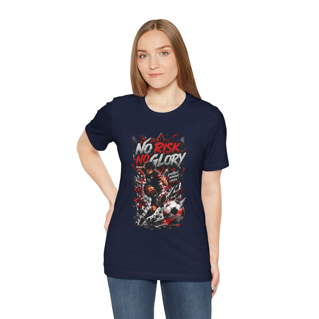 No Risk No Glory Soccer T-Shirt — Dynamic Football Player Graphic Tee