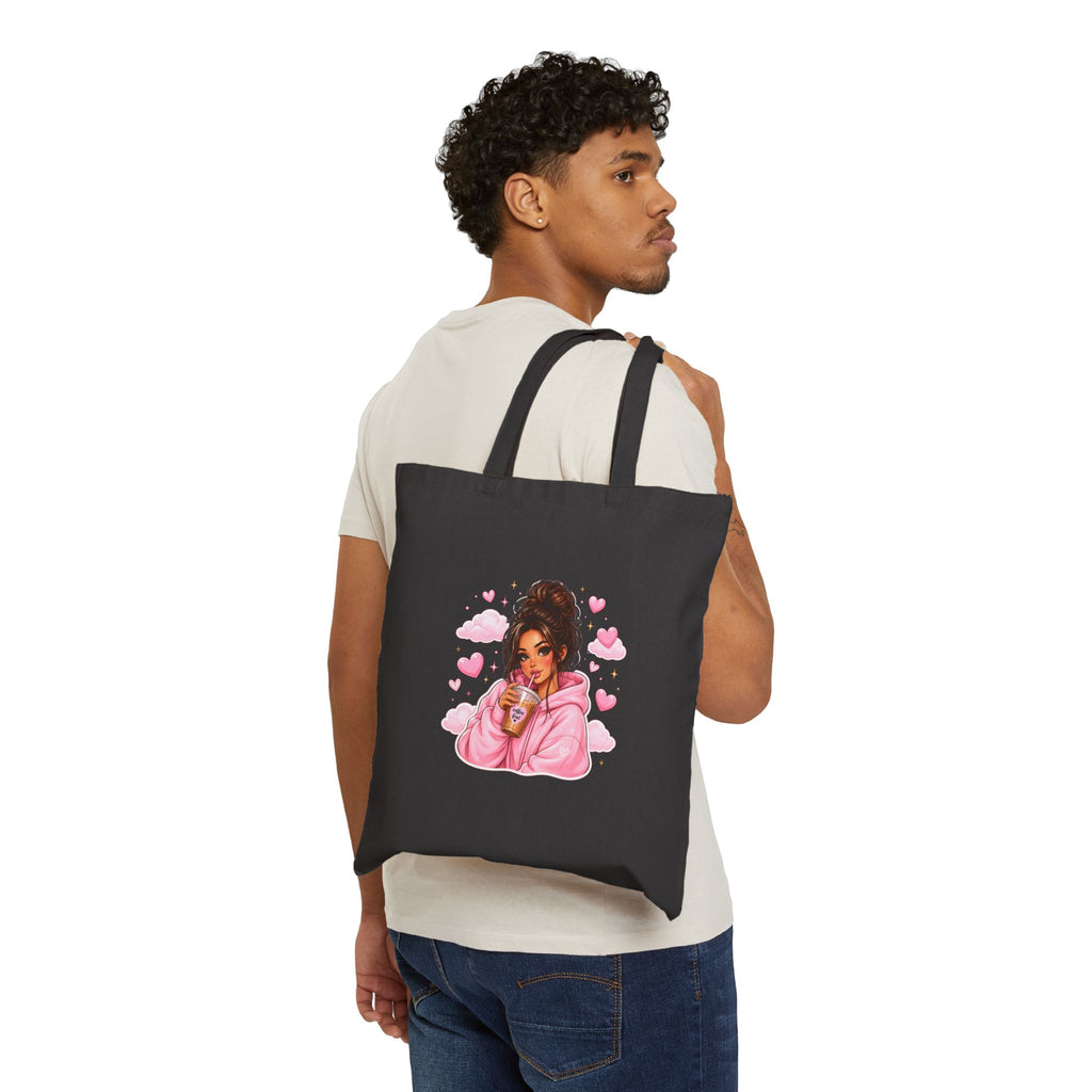 Cute Girl with Coffee Canvas Tote Bag - Pink Hoodie Illustration