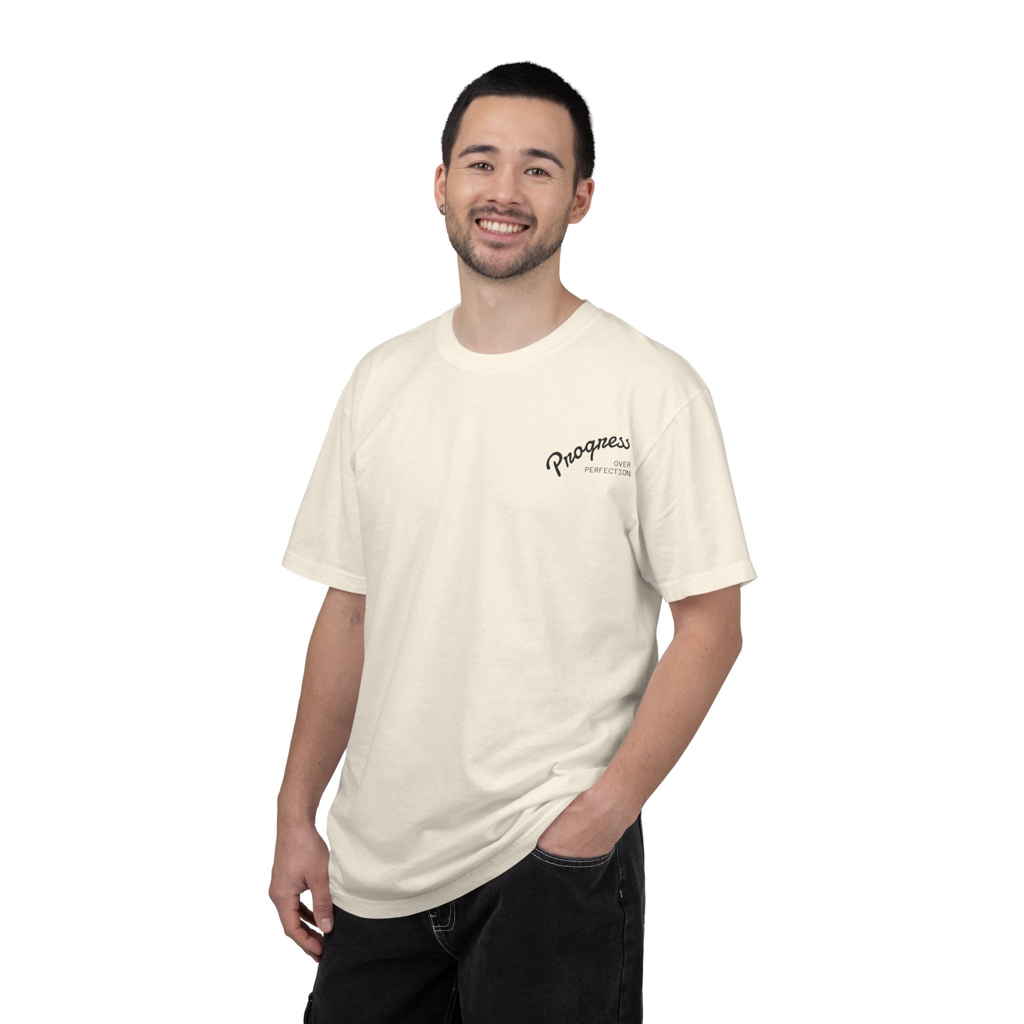 Progress Script Pocket Tee — Garment-Dyed White T-Shirt
