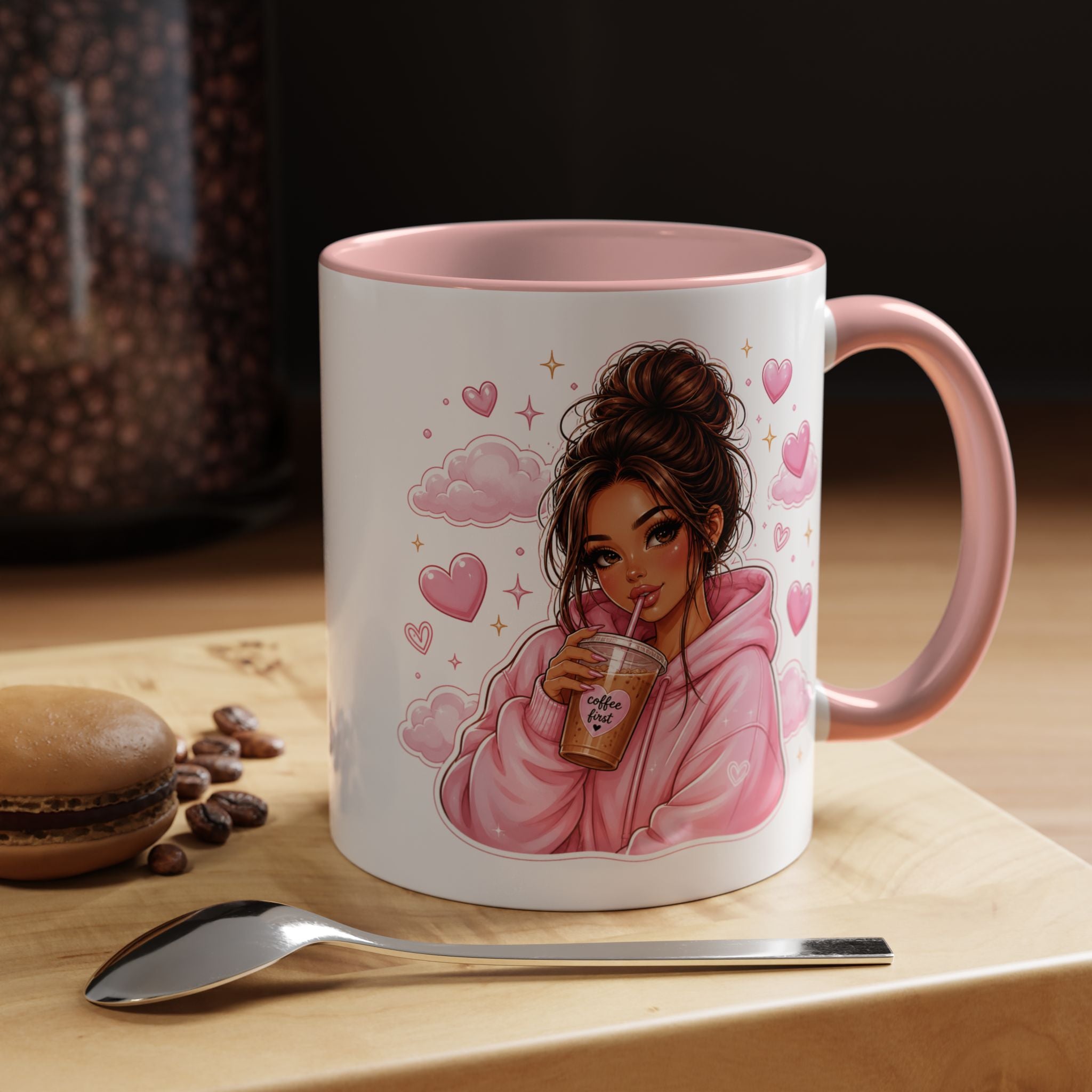 Cute Girl Pink Hoodie Coffee Mug — Iced Coffee Aesthetic Accent Mug (11/15oz)