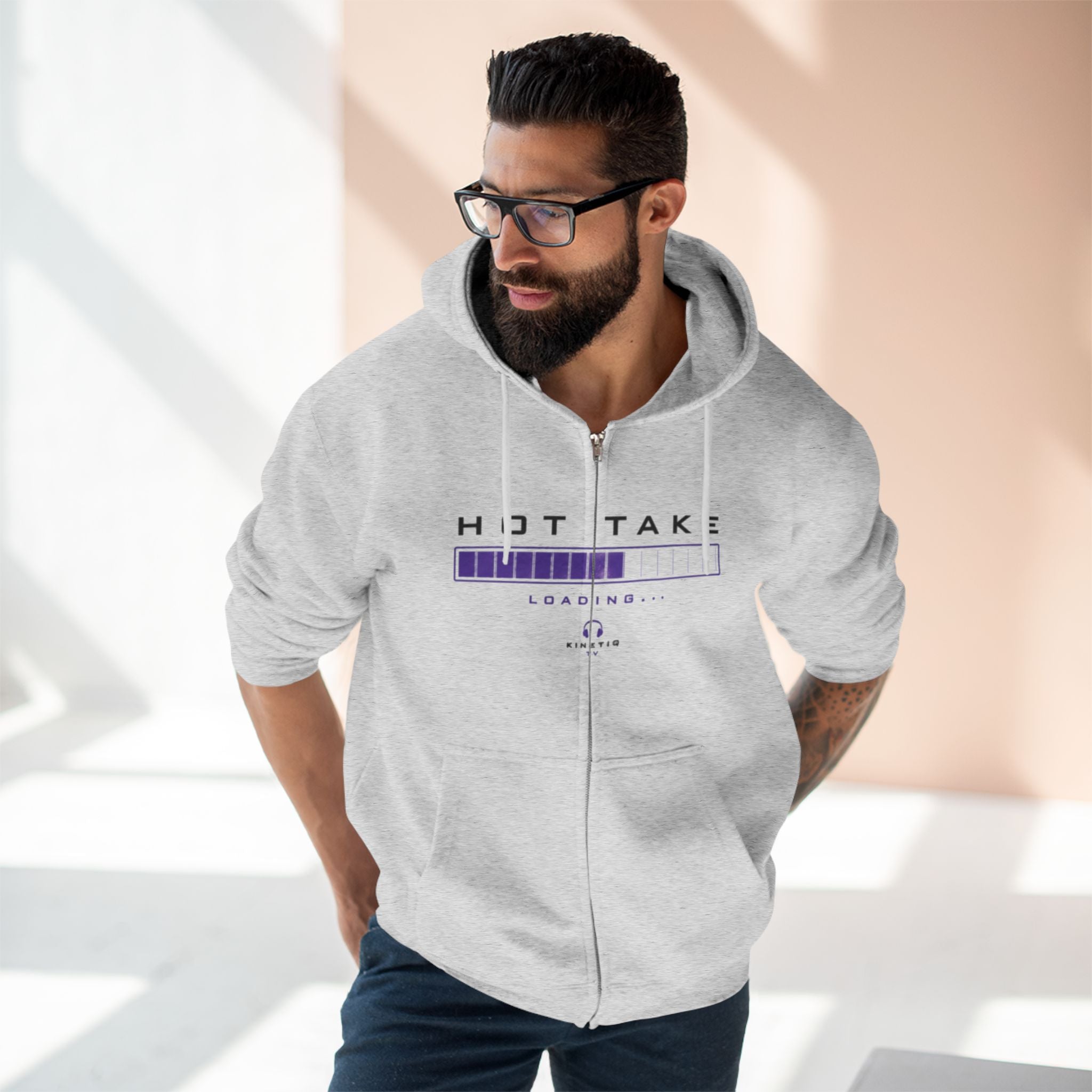 Hot Take Loading Zip Hoodie — "HOT TAKE" Retro Progress Bar Zip Hoodie